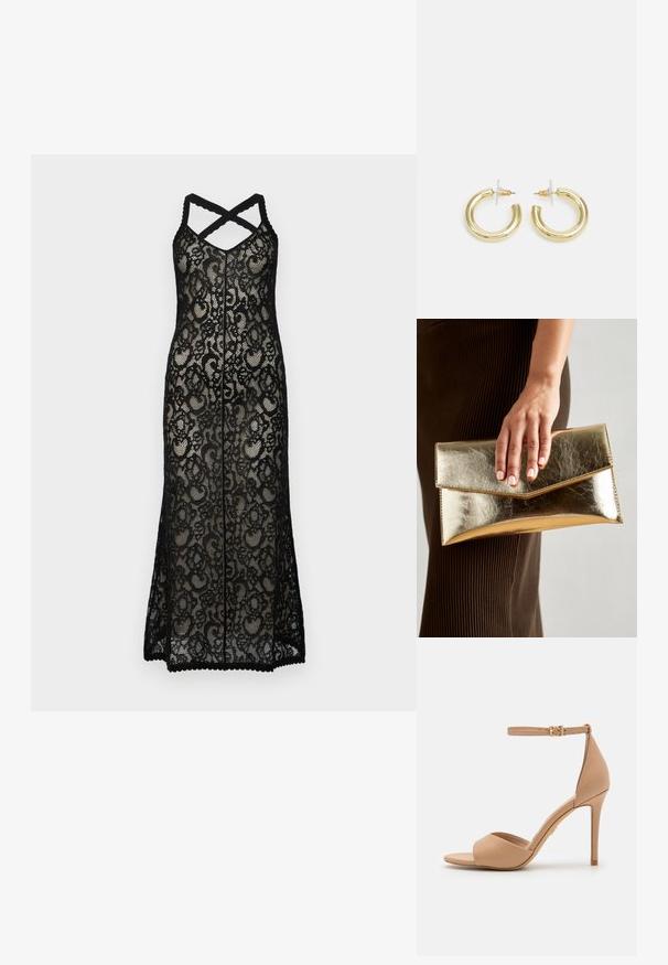 Čierna čipkovaná maxi šaty s prekríženými popruhmi, zdobené kvetinovým vzorom a vlnitým lemom. Priesvitný materiál posilňuje vrstvený efekt.; ALDO CRERIDE PILLOW WALK - Sandále - beige; Zlatá metalická kabelka cez plece s hladkým povrchom, ktorá má trojuholníkové uzavretie. Ruka ju drží a má starostlivo upravené nechty.; Zlaté kruhové náušnice s hladkým, lesklým povrchom. Cirkulárny dizajn s malým steblom a jasným záznamom pre bezpečné nosenie.