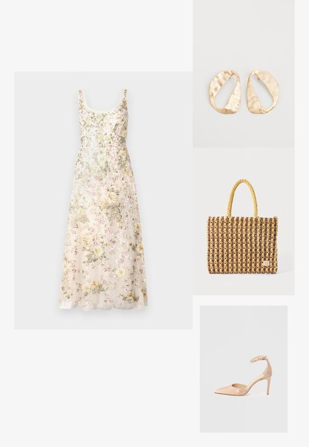 Needle & Thread FLORINE SCOOP NECK BALLERINA DRESS - Proginė apranga - cream; Nuogos patentinės odos batai su smailiu kojų galiuku, kulkšnies dirželiu ir smailiu kulnu, pasižymintys lygiu paviršiumi ir minimalistiniu dizainu.; Ruda ir geltona audinio rankinė, turinti stačiakampį formą, dvi rankenas ir tekstūruotą paviršių su matomais siūlėmis bei prekių ženklu.; Nedidelis nereguliarus ovalo formos aukso tono metalinių auskarų pora su tekstūruota, šiek tiek kalta paviršiumi ant balto fono.