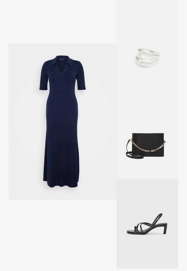 Pletena maksi haljina u tamnoplavoj boji s V-izrezom i kratkim rukavima. Ima rebrastu teksturu i bočni prorez za lakoću kretanja.; Crne sandale s trakama, kvadratnim prstom i niskom blok petom. Ima više tankih trakica i podesivu trakicu oko gležnja. Izrađene su od glatke kože.; Crna kožna torba preko tijela s glatkom teksturom, pravokutnim oblikom i metalnim lancem na prednjoj strani. Uključena je podesiva naramenica.; Srebrna dvostruka prsten s glatkom, poliranom površinom. Karakterizira ga fluidan, zakrivljen dizajn s preklapajućim sekcijama za moderan izgled.