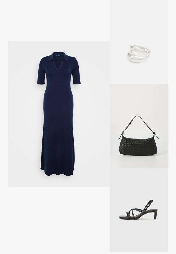 Długa sukienka dzianinowa w ciemnym granacie z dekoltem w serek i krótkimi rękawami. Posiada prążkowaną teksturę i boczne rozcięcie dla swobody ruchów.; Czarne sandały na obcasie z prostokątnym noskiem i niskim słupkowym obcasem. Posiadają wiele cienkich pasków i regulowany pasek na kostkę. Wykonane z gładkiej skóry.; Czarna, pleciona torba na ramię z gładkim skórzanym paskiem i zapięciem na zamek. Charakteryzuje się teksturowaną powierzchnią i zakrzywionym kształtem.; Srebrna obrączka podwójna z gładką, polerowaną powierzchnią. Posiada płynny, zakrzywiony kształt z nakładającymi się sekcjami, co nadaje nowoczesny wygląd.