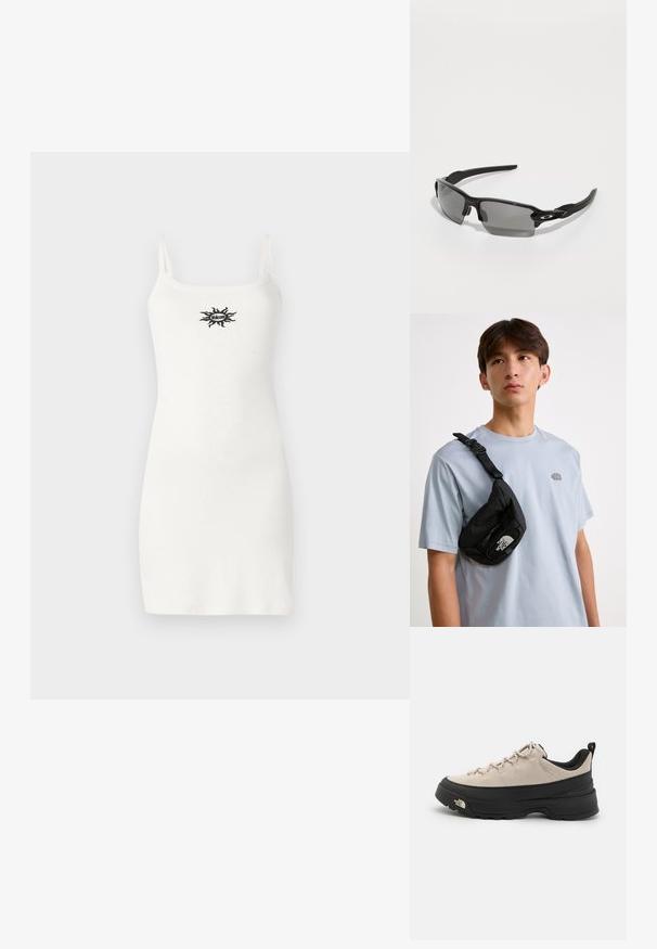 Bíl dress s tenkými ramínky, přiléhavý design a malé černé grafické logo na prsou, vyrobeno z hladké bavlněné směsi.; Béžová nubuková turistická obuv s černou gumovou podrážkou, texturovanými detaily a reflexními tkaničkami. Má poutko pro snadné obouvání.; Černé sportovní sluneční brýle s šedými skly, zakřiveným rámem a detailním logem na boku. Vyrobené z lehkého plastového materiálu.; Černá nylonová crossbody taška s nastavitelným popruhem, vybavená výrazným bílým logem. Nošena přes světle modré tričko. Jednoduchý, funkční design.