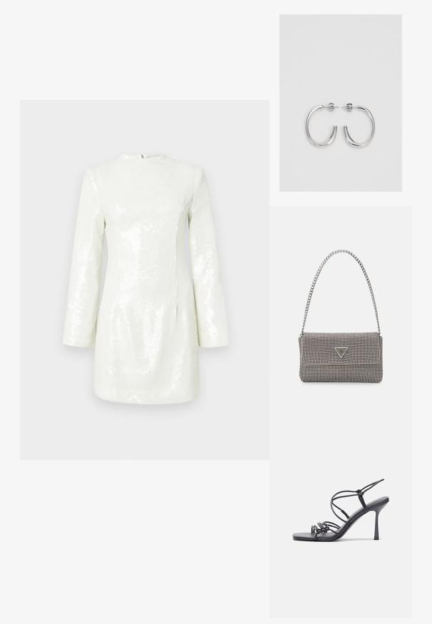 White sequined mini dress with long sleeves and a high neckline, featuring a smooth texture and a fitted silhouette.; Black high-heeled sandals feature thin straps with a knotted design, a smooth square toe, and a sleek stiletto heel.; Light gray metallic handbag featuring a chain strap, embellished with small circular metallic studs and a triangular brand logo.; Silver hoop earrings with a smooth, shiny finish. Rounded shape, lightweight design, featuring a post-back closure.