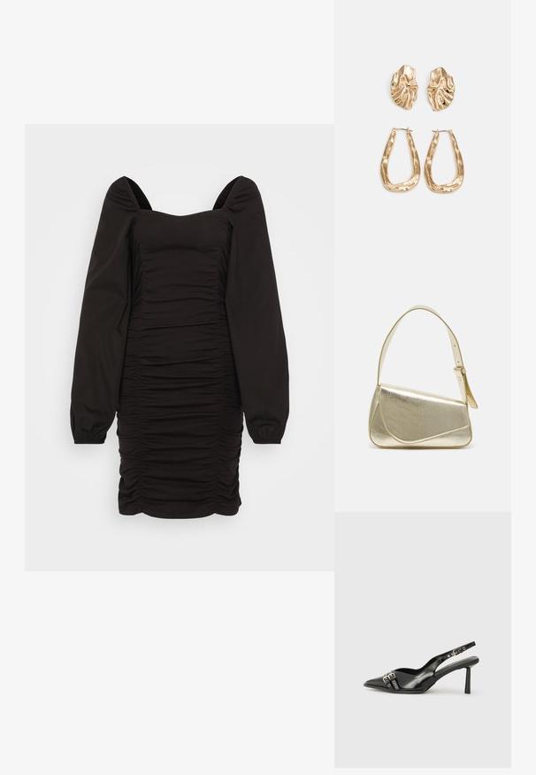 Vestido preto com um decote quadrado, mangas bufantes volumosas e textura pregueada ao longo do corpo, criando uma silhueta ajustada.; Sapato slingback preto em pele patentada com bico apontado, tiras no tornozelo apresentando fivelas e acessórios prateados, e um salto elegante.; Bolsa de mão metálica dourada com um design estruturado, textura suave e alça ajustável. Apresenta uma forma triangular única e costura minimalista.; Brincos em tom de ouro com formas onduladas e texturizadas. Inclui studs escultóricos com presilha e um design de argola aberta com um acabamento martelado.