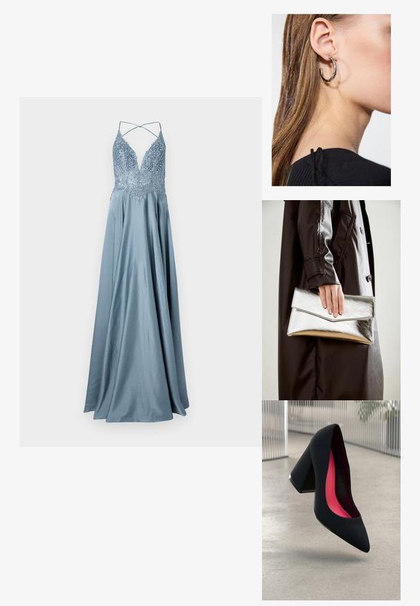 Pitkä, virtaava iltapuku vaaleansinisestä satiinista. Ominaisuuksiin kuuluu syvä V-mallinen kaula-aukko, jossa on monimutkaista brodeerausta ja ohuet ristikkäin kulkevat hihnat selässä.; Musta korkokengän jossa on terävä kärki ja teksturoitu päällinen. Sisäpuolella kirkkaanpinkki vuori. Neliönmuotoinen korko, jossa metallinen koriste pohjassa.; Hopeinen metallinen clutch-angular kirjekuorimuotoilu, sileä pinta ja kontrastivärinen sisustus, pidetään kädessä, jossa on musta takki.; Hopea renkaankorvakoru kiiltävällä pinnalla, jossa on pieniä kultaisia yksityiskohtia ja pyöreä muoto, käytetty korvalla.