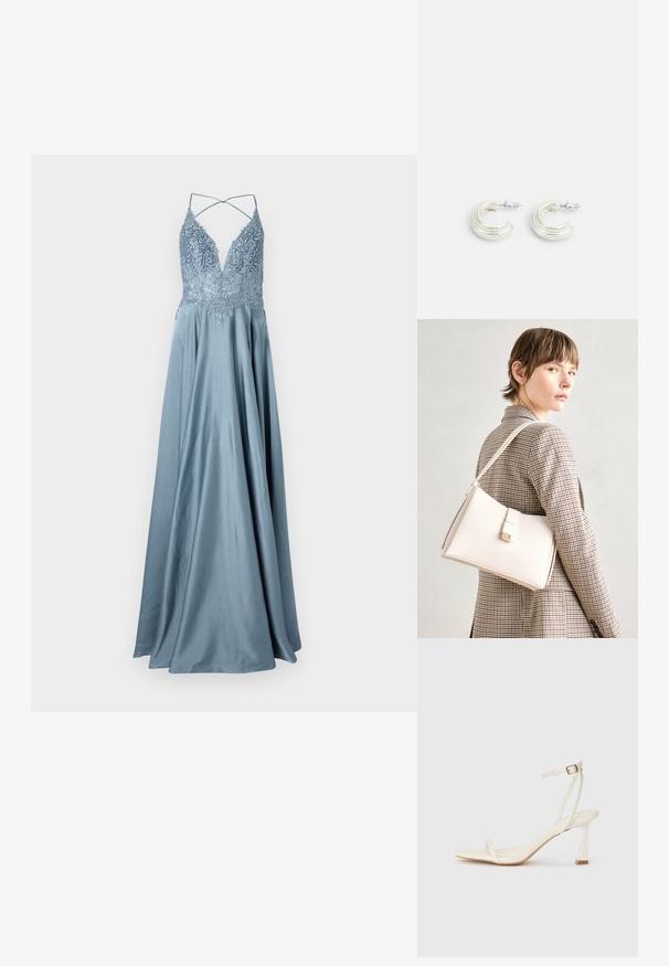 Garšs, plūstošs vakara kleita gaismas zilā satīnā. Iezīmējas ar dziļu V veida kakla izgriezumu ar sarežģītu izšuvumu un plānām krustveida siksnām aizmugurē.; Baltas papēžu sūklis ar šauru siksniņu dizainu, kvadrātveida purngala un smailu papēdi. Izgatavots no gludas materiāla ar minimālistisku estētiku.; Balta ādas rokassoma ar strukturētu dizainu, kurai ir magnētiska aizdare un plecu josta, parādīta uz neitrāla fona.; Sudraba toņa auskari ar savīti gredzenu dizainu, ar teksturētu virsmu un ribotu apdari, nostiprināti ar stieples aizdari.