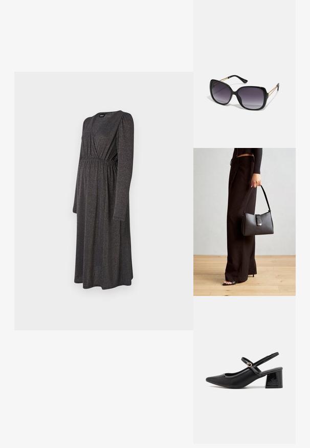 Dolga obleka s dolgimi rokavi, do kolen, v temnem materialu z rahlim sijajem, s preklopnim zgornjim delom in nabranim detajlom v pasu.; Črne patentne usnjene salonarce s slingback obliko, s koničastim nosom, zaobljenim izrezom in blok peto. Imajo zlato kovinsko zaponko kot dodatno okrasje.; Črne prevelike sončne očala z degradacijskimi lečami, debelimi okvirji in zlatimi verižicami na ročajih.; Črna torbica z strukturirano obliko, gladko teksturo in kovinskim zaponko. Ujemajo se z širokimi črnimi hlačami in odprtimi sandali na lesenem tleh.