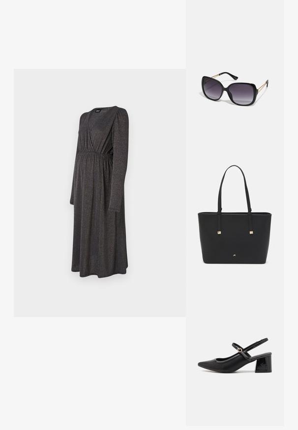 Φόρεμα με μακριά μανίκια, μέχρι το γόνατο, σε σκούρο υλικό με απαλό λαμπερό φινίρισμα, με μπούστο σε στυλ περιτυλίγματος και διακοσμητικές πτυχώσεις στη μέση.; Μαύρα παπούτσια γοβάκια από πατενταρισμένο δέρμα με γωνιαστό μπροστινό μέρος, στρογγυλή κοπή και τετράγωνο τακούνι. Διαθέτουν μια χρυσή αγκράφα ως διακοσμητικό στοιχείο.; Μαύρα υπερμεγέθη γυαλιά ηλίου με κλειστή βαθμίδα φακού, παχιά σκελέτη και λεπτομέρειες από χρυσή αλυσίδα στις βραχίονες του σκελετού.; Μαύρη τσάντα ώμου από συνθετικό υλικό, με απλό ορθογώνιο σχέδιο, χρυσές τετράγωνες λεπτομέρειες και διπλές λαβές.