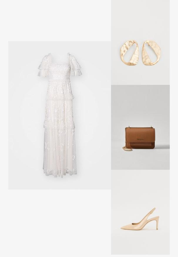 Needle & Thread ARWEN GOWN - Iltapuku - cream; Nudepatent-läderslingbackklack med spetsig tå, öppen vamp och en tunn stilettklack. Har en cirkulär guldaccent på remmen.; Ruskean teksturoidun nahkasta valmistettu crossbody-laukku, jossa on kultaketjuhihna ja läppäkiinnitys. Edessä on logodetail ja tasku läppäisen alla.; Pari epämuodostuneita soikeita kultasävyisiä metallikorvakoruja, joissa on teksturoitu, hieman hakattu pinta valkoista taustaa vasten.