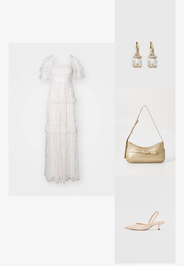Needle & Thread ARWEN GOWN - Robe de cocktail - cream; Escarpins slingback en cuir verni beige avec un bout pointu et un talon carré fin. Texture lisse et design minimaliste sans ornement.; Sac à épaule en métal doré, de forme arrondie, texture lisse, avec une sangle plate et un détail en boucle décoratif à l'avant.; Boucles d'oreilles en or lumineux avec un cristal rectangulaire transparent pendent sous une rangée de petits accents ronds transparents. Design élégant et moderne.