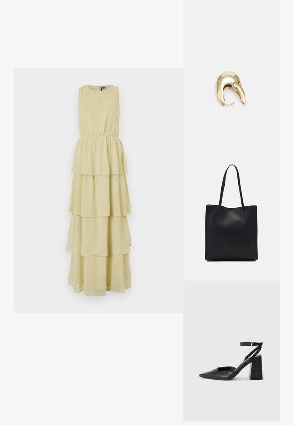 Rochie fără mâneci, cu straturi, de culoare galben deschis, cu un model cu buline. Elasticul de la talie oferă o siluetă ajustată. Material moale și fluid.; Pantofii cu toc ascuțit din piele neagră, cu breteaua pentru glezne și toc gros. Textură netedă, design elegant și estetică minimală.; Geantă tote neagră din piele, cu textură netedă, formă rectangulară și două mânere lungi. Fără hardware vizibil sau ornamente.; Cercei din metal de culoare aurie cu un design elegant și curbat. Prezintă o formă distinctivă, ascuțită, o suprafață lustruită și un sistem de închidere cu balama.