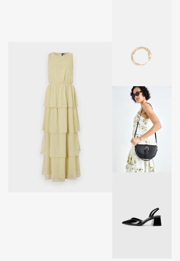 Bez piedurknēm, slāņota kleita gaiši dzeltenā krāsā ar punktu rakstu. Jostas elastīgums nodrošina pieguļošu siluetu. Mīksta, plūstoša auduma.; Melna lakota āda ar atvērto papēdi, ar smailu purngalu un ģeometrisku blokpapēdi. Iezīmējas elegants, minimāls dizains un gluda tekstūra.; Melnas ādas rokassoma ar izliekta formu, noņemamu siksnu un zelta aksesuāriem. Somai ir vāciņš ar sprādzes detaļu.; Zelta toņa gredzens ar organisku, vērptu dizainu, gludu virsmu un sašaurinātiem galiem, radot mūsdienīgu, skulpturālu izskatu.