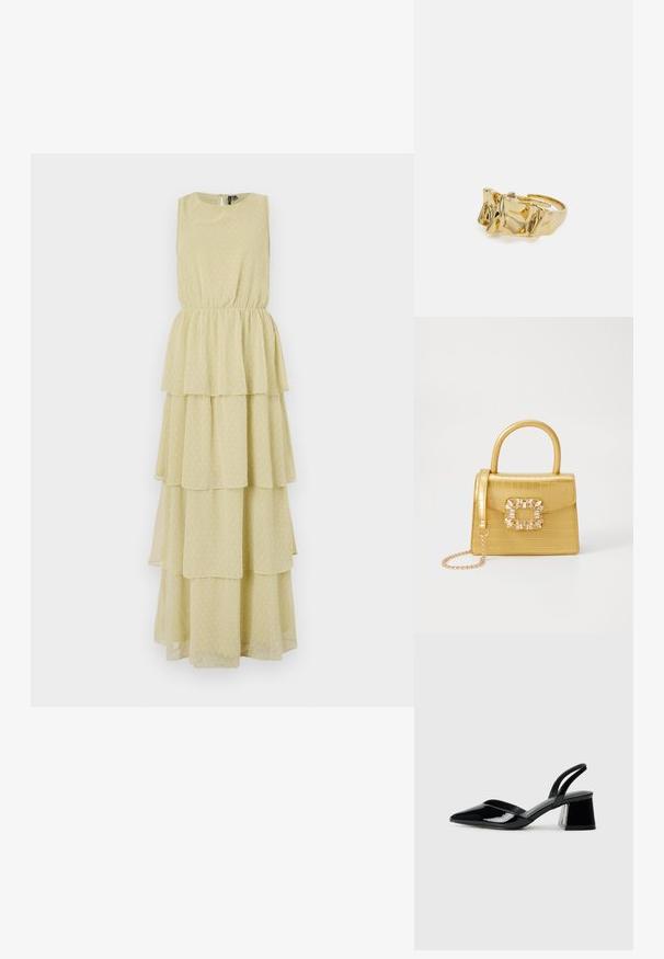 Bepsluoksnis, be rankovių suknelė šviesiai geltonos spalvos su taškeliais. Liemuo su elastinga juosta suteikia prigludusią siluetą. Minkšta, lengvai krentanti medžiaga.; Juodos lakuotos odinės šlepetės su smailiu pirštu ir geometriniu bloko kulnu. Turi elegantišką, minimalistinį dizainą ir lygų paviršių.; Geltonas dirbtinės krokodilo odos rankinukas su standžiu dizainu, viršutine rankena, nuimamu grandininiu dirželiu ir dekoratyviniu krištolo papuošimu ant užsegimo.; Aukso žiedas su tekstūruotu, banguotu dizainu, turintis tris iškilias viršūnes. Lygus, blizgus paviršius su atviromis juostelėmis, leidžiančiomis reguliuoti dydį.; Aukso žiedas su tekstūruotu, banguotu dizainu, turintis tris iškilias viršūnes. Lygus, blizgus paviršius su atviromis juostelėmis, leidžiančiomis reguliuoti dydį.