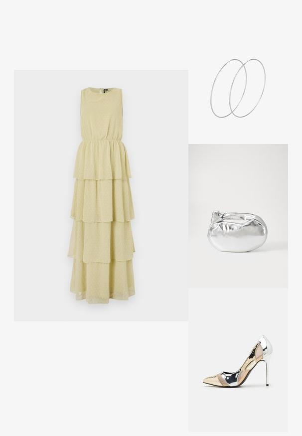 Suknja bez rukava, slojevita, u svijetlo žutoj boji s uzorkom točkica. Elastična traka oko struka osigurava prilagođeni siluetu. Mekana, lepršava tkanina.; Cipele s visokom potpeticom i špicastim vrhom u srebrnoj, zlatnoj i nude boji. Sjajan finiš s izrezbarenim dizajnom, s potpeticom u obliku stiletto.; Srebrna metalik torbica s mekim, zaobljenim oblikom i čvorastim zatvaranjem na vrhu. Izrađena od glatke sintetičke kože.; Srebrne okrugle naušnice s minimalističkim dizajnom. Kružni oblik, glatka tekstura i tanak profil. Lagane s poliranim završetkom.