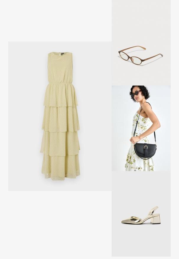 Bezrukávové šaty s volánmi v svetložltej farbe s bodkovaným vzorom. Elastický pás zabezpečuje priliehavý strih. Mäkka, prúdiaca tkanina.; Zlaté kovové lodičky na podpätku so špicatou špičkou a robustným podpätkom. Hladký povrch, minimalistický dizajn a úzka remienok.; Hnedé želvovinové okuliare s oválnymi sklíčkami, tenkými ramenami a priesvitnými akcentmi. Obsahujú jemný logo na stranici. Štýlový, ľahký dizajn.; Čierna kožená kabelka s zaobleným tvarom, odnímateľným popruhom a zlatými doplnkami. Kabelka má klopu s detailom s prackou.