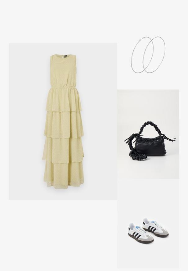 Sleeveta, kihiline kleit heledas kollases värvitoonis, millel on täpikujundus. Vöökoht on elastne, mis annab kleidile istuva silueti. Pehme, voolav kangas.; Spordijalatsid valge nahkpealsega, halli nubuk-naha otsaga ja kolme musta triibuga. Omab sinist logo keele peal ja struktureeritud kummitalda.; Must must sünteetilisest nahast käekott, millel on krokodillimuster, kokku tõmmatav ülaosa ja kortsus rihm. Tundub pehme ja kompaktne disain.; Hõbedased rõngastikkaehingad minimalistlikus disainis. Ümar kuju, sile tekstuur ja õhuke profiil. Kerged ning poleeritud viimistlusega.