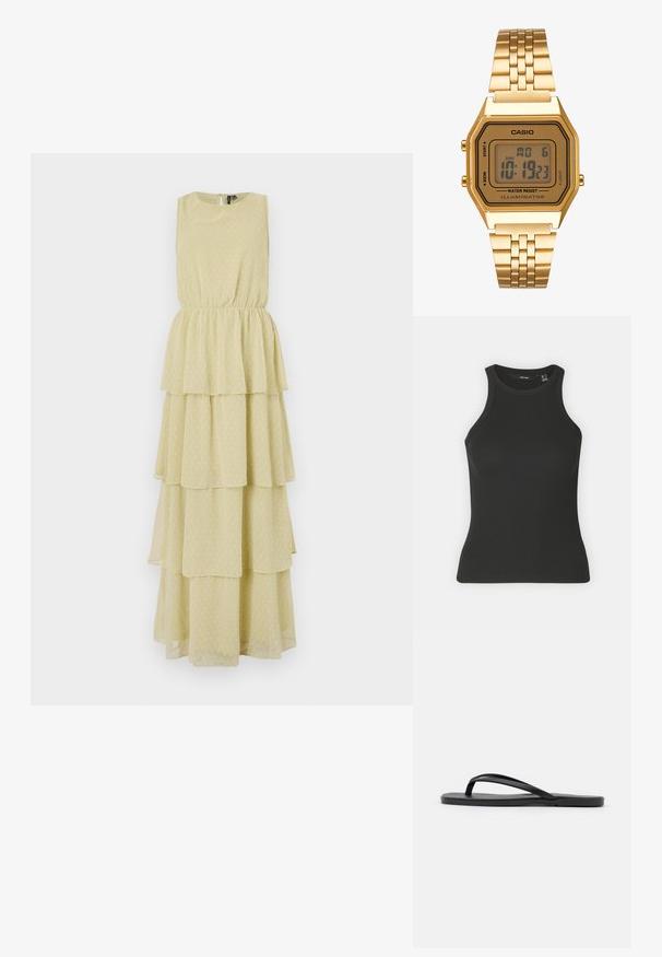 Šaty bez rukávů s vrstveným designem v světle žluté barvě s puntíkovaným vzorem. Elastický pás poskytuje úzký střih. Měkká, splývavá tkanina.; Černý žebrovaný top bez rukávů s vysokým výstřihem. Má přiléhavý střih a jemnou strukturu.; Černé žabky s minimalistickým designem, plochou podrážkou, úzkými pásky a hladkým povrchem. Bez dalších vzorů nebo akcentů.; Zlaté digitální hodinky s obdélníkovým ciferníkem, LCD displejem, nerezovým páskem a tlačítky na boku. Obsahují označení odolnosti proti vodě.