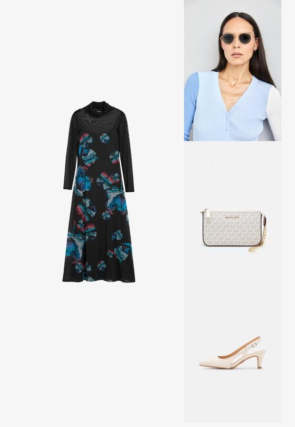 Fekete ruha könnyű szövetből, hosszú hálós ujjakkal, színes virágmintával kék, piros és zöld színekben.; Fehér slingback sarok, hegyes orral, sima felső anyaggal, alacsony blokk sarkával és oldalsó kivágott dizájnnal, állítható csatpánttal.; Kerek napszemüveg sötét lencsékkel és arany kerettel. A modellen világoskék, bordázott kardigán van gombokkal és kontrasztos fehér ujjaival.; Michael Kors bézs bevonatos vászon karkötő, amely ismétlődő MK logó mintával, aranyszínű fémrészletekkel és levehető lánchordóval rendelkezik.