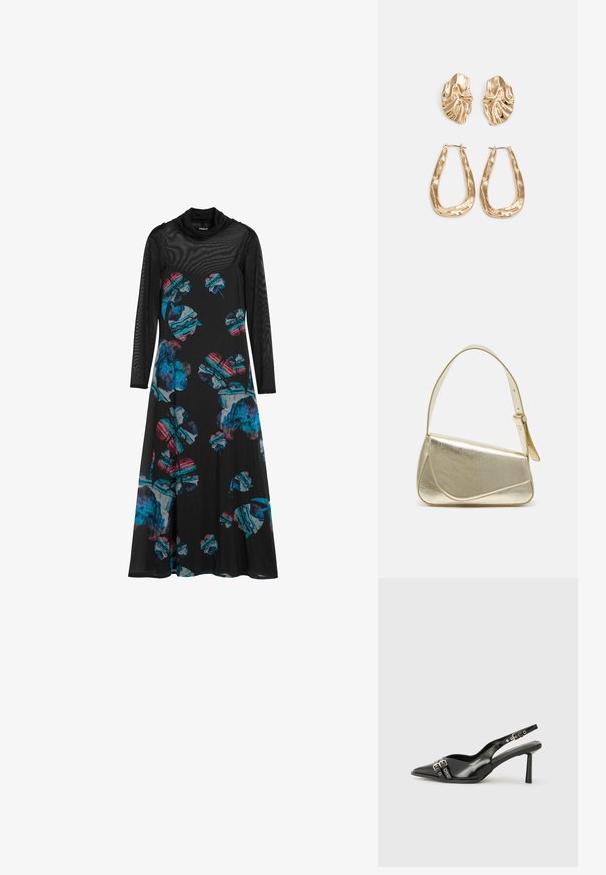 Svart klänning i lätt tyg med långa nätärmar, prydd med ett färgglatt blommönster i blått, rött och grönt.; Svart lackläder slingbacksko med spetsig tå, ankelremmar med silverfärgade spännen och detaljer samt en smal klack.; Guldfärgad metallhandväska med en strukturerad design, slät textur och justerbar rem. Har en unik triangulär form och minimalistisk sömnad.; Örhängen i guldton med texturerade, vågiga former. Inkluderar skulpturala clip-on-stift och öppen hoop-design med hamrad finish.