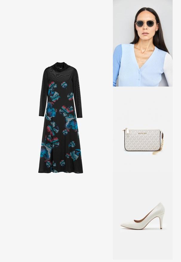 Must must, mille kerge kangaga, millel on pikad võrksleeved, rohkete siniste, punaste ja roheliste lillemustritega.; Valge patendi nahk kõrge kontsaga king, millel on terav nina ja sile pind, peenike konts ning madal lõige ava ümber.; Ringikujulised prillid tumedate läätsede ja kullast raamiga. Mudel on selga pannud helesinise soonikuga kardigani, millel on nupud ja kontrastsed valged varrukad.; Michael Korsi randmevõru beige kaetud kangast, millel on korduv MK logo muster, kuldne riistvara ja eemaldatav ahelistrap.