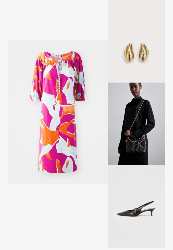 Barvna obleka s kratkimi rokavi, ki prikazuje abstraktni vzorec v roza, oranžni in svetlo modri barvi. Oblikovana je z okroglim izrezom in nabranimi detajli.; Črne usnjene slingback pete s koničastim nosom, tankim petam in zlatim poudarkom blizu gležnja. Gladka tekstura in preprost dizajn.; Črna prešita usnjena torbica z nabranim vrhom, zlatim verižnim naramnikom in pravokotno obliko, držana na enolični podlagi.; Zlato tonirane uhane s površjem, ki se lepo vije. Vsak uhane ima gladko površino in majhno zaponko z dekorativnim detajlom.