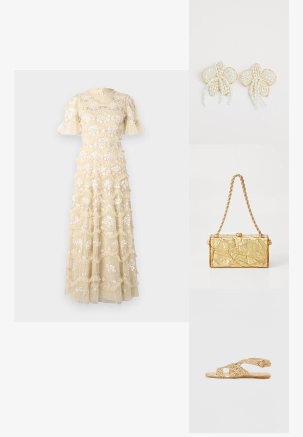 Tikkimustriga kleit heledas kollases värvitoonis, flöödid varrukatega. Omab lilleseente mustreid, rüseldatud kihte ja ümmargust kaelust. Selja peal on lukuga kinnitamine.; Stuart Weitzman THEA - Sandaalid - golden; Kuldne korter struktuuriga käekott, millel on ristkülikuline kuju, kettling ja ülaosas klambriga sulgur. Sile, läikiv viimistlus.; Pärliõie kõrvarõngad kuldsete aktsentidega. Iga õieleht sisaldab väikeseid ümmarguseid pärleid, mis on paigutatud lillemustrisse, koos tilkuvate pärlite detailidega.