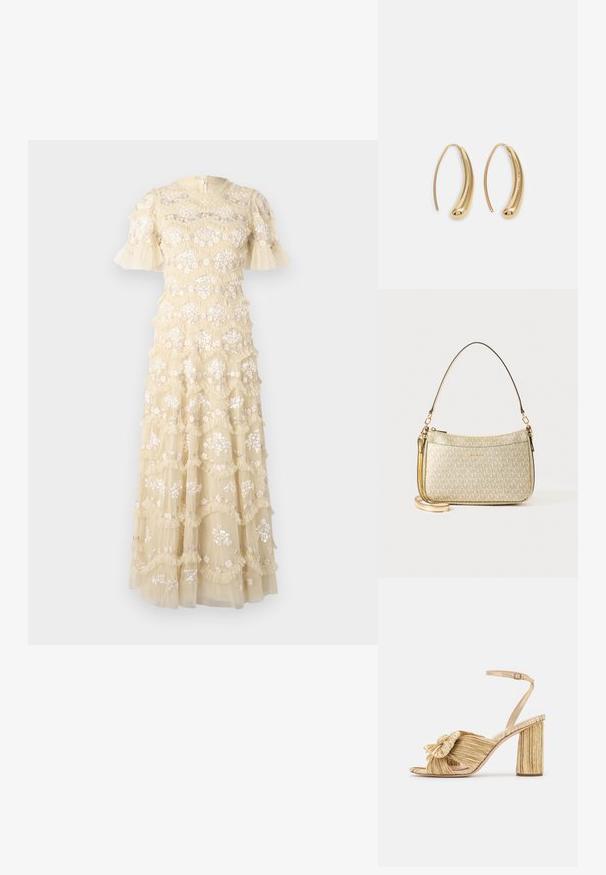 Abito ricamato di un giallo pallido con maniche a campana. Presenta motivi floreali, strati arricciati e una scollatura rotonda. Chiusura con zip sul retro.; Sandali con tacco dorato, con un davanti annodato, texture plissettata e cinturino alla caviglia. Il tacco a blocco ha un design rigato che migliora la presa.; Borsa con texture dorata, dotata di una tracolla in pelle liscia, con chiusura a zip e un motivo logo sottile stampato sulla superficie.; Orecchini a cerchio in metallo color oro con forma curva ed allungata. Presentano una superficie liscia e lucida e una punta arrotondata per un tocco di dettaglio in più.