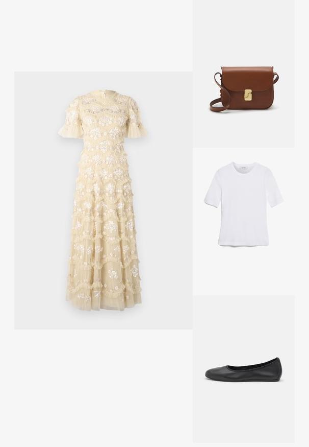 Besticktes Kleid in Hellgelb mit ausgestellt geschnittenen Ärmeln. Verfügt über florale Muster, rüschierte Lagen und einen runden Ausschnitt. Mit Reißverschlussverschluss am Rücken.; Weißes kurzärmliges T-Shirt aus geripptem Stoff. Runder Halsausschnitt, normale Passform und dezente Nähte. Keine Muster oder Grafiken.; Schwarze Leder-Ballettschuhe mit abgerundeter Spitze, glatter Textur, minimalen Nähdetails und einem flexiblen Sohlen-Design.; Braune Ledertasche mit Klappenverschluss, Beschlägen in Goldfarbe, einem Schultergurt und einer glatten Oberfläche. Kompakte rechteckige Form.