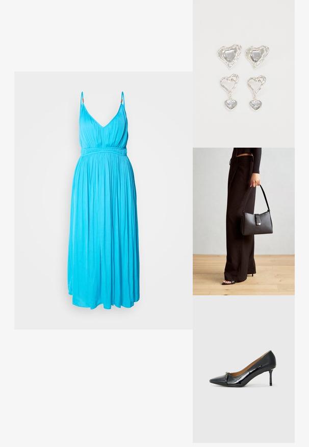 Vestido sem mangas, com decote em V profundo, em tecido turquoise vibrante. Apresenta uma cintura elástica e uma saia fluida com uma textura suave.; Sapato de salto alto em couro laqueado preto com bico fino, detalhe de tira decorativa na parte da frente e um salto agulha fino.; Bolsa preta com forma estruturada, textura suave e um fecho metálico. Combinada com calças largas pretas e sandálias de salto aberto sobre um chão de madeira.; Os brincos em forma de coração prateados apresentam pedras claras facetadas, com uma moldura texturizada. O conjunto inclui estilos de botão e de gota.