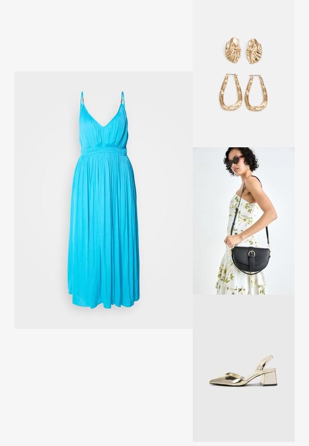 Rochie fără mâneci, cu decolteu în V adânc, dintr-un material turcoaz strălucitor. Are o talie elastică și o fustă fluidă cu o textură fină.; Pantofi cu toc slingback metalici aurii, cu vârf ascuțit și toc chunky. Textură netedă, design minimalist și o curea subțire.; Geantă din piele neagră, cu o formă curbată, curea detașabilă și accesorii aurii. Geanta are un capac cu un detaliu tip cataramă.; Cercei aurii cu forme texturate și ondulate. Include studs sculpturale cu clip și un design de cerc deschis cu un finisaj cioplit.
