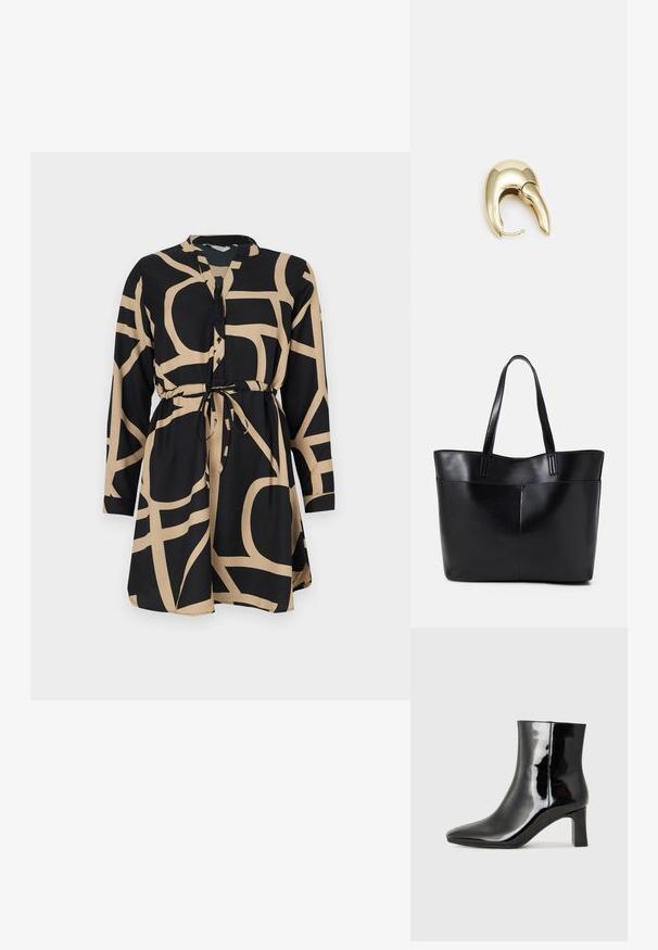 Svart kjole med lange ermer og belte i midjen. Har et kontrasterende beige abstrakt mønster. Laget av glatt stoff, inkluderer knappefront.; Sorte patentlær ankle boot med spiss tå og en mellomhøy blokkhelt. Glatt tekstur og minimalistisk design.; Svart lær toteveske med to lange håndtak, en glatt tekstur og en strukturert form. Har en frontlomme for ekstra oppbevaring.; Gullfarget metalløredobber med et elegant, buet design. Har en karakteristisk spiss form, polert overflate og hengsel-lukking.