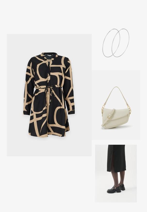 Juoda suknelė su ilgomis rankovėmis ir raiščiu juosmenyje. Yra kontrastingas kreminės spalvos abstraktus raštas. Pagaminta iš lygios medžiagos, su mygtukiniu užsegimu priekyje.; Juodos odinės bateliai su apvaliu nosiu, stora blokine pakulne ir elastingais šonais, derinami su tamsiomis pėdkelnėmis ir juoda sijonu su plyšiu.; Mažas kreminis rankinukas su tekstūruotu paviršiumi, ilga reguliuojama juostele, grandinėle ir užsegimu su atvartu. Aukso detalės.; Sidabrinės pusmėnulio auskarai minimalistiniu dizainu. Apskritimo forma, lygus paviršius ir plonas profilis. Lengvi su poliruotu apdailu.