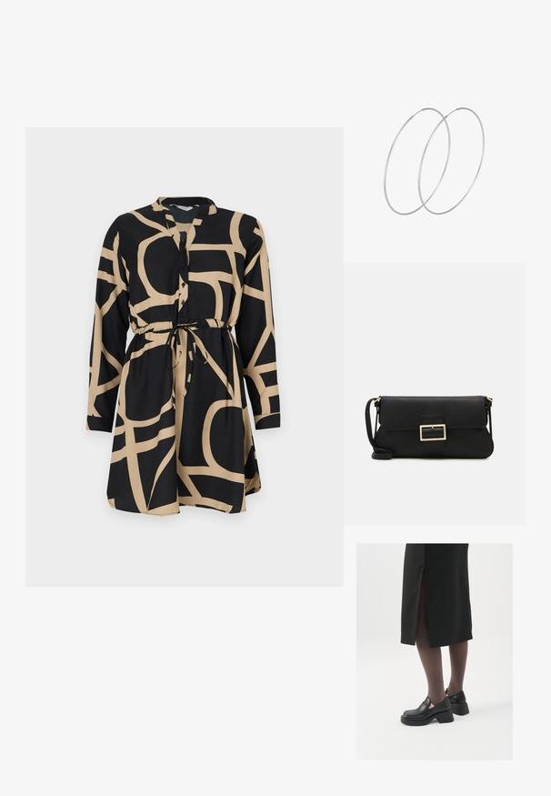 Černé šaty s dlouhými rukávy a stahováním v pase. Mají kontrastní béžový abstraktní vzor. Vyrobeny z hladkého materiálu, obsahují knoflíkovou přední část.; Černé kožené boty s kulatou špičkou, silným blokovým podpatkem a elastickými bočními akcenty, spárované s tmavými punčochami a černou sukní se rozparkem.; Černá kožená psaníčko s klopou a zlatým kovovým detailním sponou. Součástí je černý popruh a elegantní, minimalistický design.; Stříbrné kruhové náušnice s minimalistickým designem. Kruh, hladký povrch a tenký profil. Lehká konstrukce s lesklým povrchem.