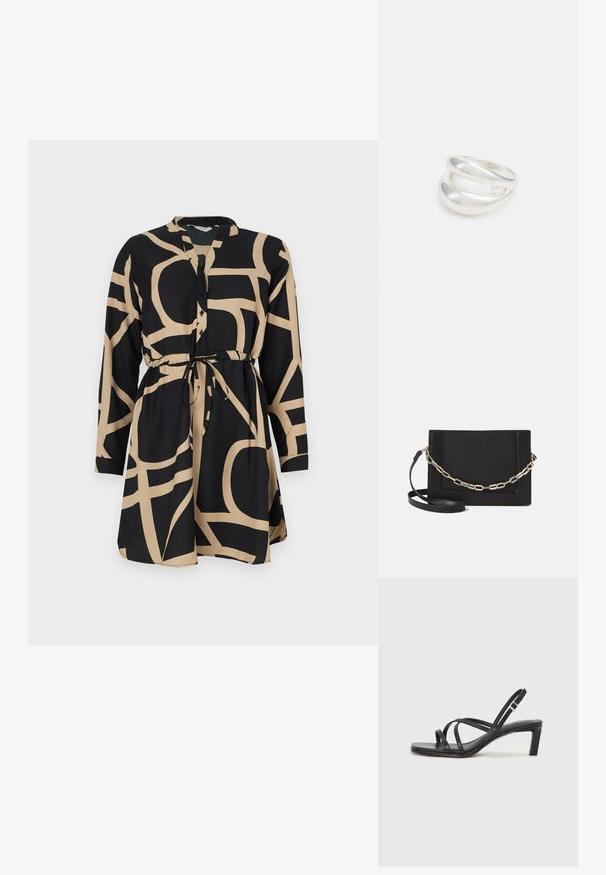 Crna haljina s dugim rukavima i pojasevima u struku. Sadrži kontrastni bež apstraktni uzorak. Napravljena od glatkog materijala, uključuje dugmad na prednjem dijelu.; Crne sandale s trakama, kvadratnim prstom i niskom blok petom. Ima više tankih trakica i podesivu trakicu oko gležnja. Izrađene su od glatke kože.; Crna kožna torba preko tijela s glatkom teksturom, pravokutnim oblikom i metalnim lancem na prednjoj strani. Uključena je podesiva naramenica.; Srebrna dvostruka prsten s glatkom, poliranom površinom. Karakterizira ga fluidan, zakrivljen dizajn s preklapajućim sekcijama za moderan izgled.