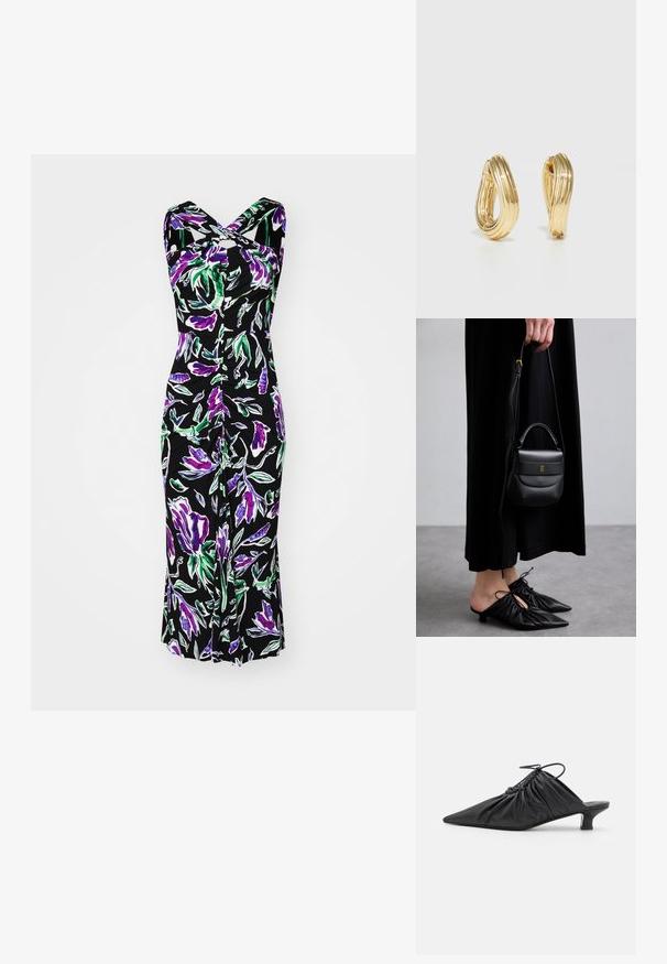 Diane von Furstenberg NEELY DRESS - Rochie din jerseu - violet; Mule-uri negre din piele, cu vârf ascuțit, textură plisată și un tocuri mici de tip kitten. Prezintă un detaliu cu șnur la deschidere.; Geantă mică din piele neagră, cu o formă rotunjită, mânere superioare și curea detașabilă. Pur tată cu o rochie din material negru și pantofi plisati negri.; Cercei din metal auriu, cu un design răsucit, având o textură îmbătrânită și o finisare netedă. Construcție ușoară și goală.