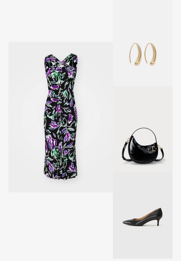 Diane von Furstenberg NEELY DRESS - Trikotāžas kleita - violet; Melnas ādas augstpapēžu kurpes ar pīlādžu purngalu, zemu papēdi un gludu virsmu. Raksturīga neliela atvere priekšā un minimāls aprīkojums aizmugurē.; Melnas patenta ādas rokassomas ar izliekta formu, regulējamu siksnu un zelta krāsā metāla detaļām sānos. Gluda, mirdzoša tekstūra.; Zelta toņu metāla gredzena auskari ar izliektu, pagarinātu formu. Ar gludu, spīdīgu virsma un noapaļotu galu papildu detaļām.