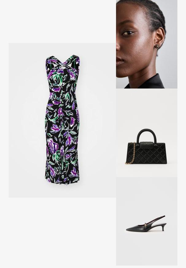 Diane von Furstenberg NEELY DRESS - Trikoomekko - violet; Musta nahkainen slingback-korkokenkä, jossa on terävä kärki, ohut korko ja kultainen yksityiskohta nilkkahihnassa. Sujuva pinta ja yksinkertainen muotoilu.; Mustaväri käsilaukku, joka on valmistettu teksturoidusta nahasta ja jossa on timanttikuvio, kultasävyinen ketjuolkaintassa ja pääkahva, jossa on logolla painettu läppä.; Kultaiset kukkakorvakorut, joissa on teksturoitu musta keskus ja hienovaraiset yksityiskohdat. Mallin kirkas iho ja punotut hiukset näkyvät sivuprofiilissa.