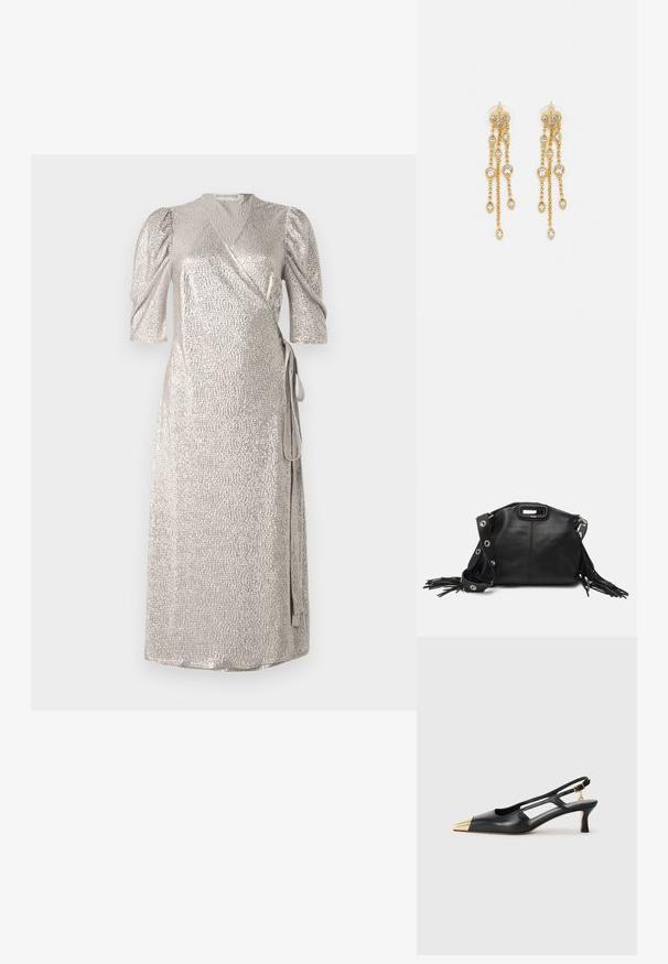 Sudraba aplokšņu kleita ar īsām pūkainām piedurknēm, teksturētu audumu un sānu sasienamu aizdari. Gluda materiāla ar vieglu spīdumu.; Melnas ādas sandales ar noslēgtu purngalu un zeltainu metāla uzgali. Iezīmējas ar izgriezumu dizainu un slaidu papēdi ar regulējamu siksnu.; Maje MISS MINI - Plecu soma - noir; Zelta tonī auskari ar vairākiem kaskādes ķēdēm, kas rotāti ar caurspīdīgiem ovāliem rhinestone akcentiem un dekoratīvām pīrsingiem.