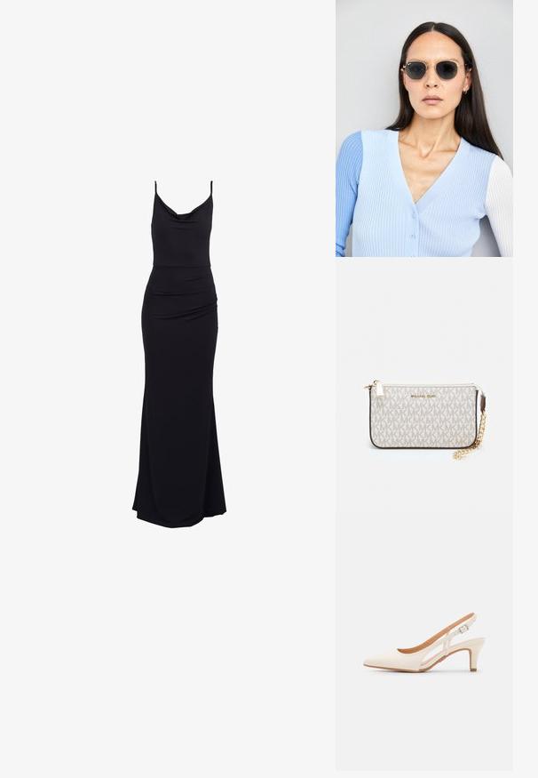 Black, sleeveless maxi dress with a cowl neckline, ruched detailing at the waist, and a smooth, stretchy fabric for a fitted silhouette.; White slingback heel with a pointed toe, smooth upper material, low block heel, and side cut-out design with adjustable buckle strap.; Round sunglasses with dark lenses and gold frames. The model wears a light blue, ribbed cardigan with buttons and contrast white sleeves.; Michael Kors wristlet in beige coated canvas featuring a repeating MK logo pattern, gold hardware, and a detachable chain strap.