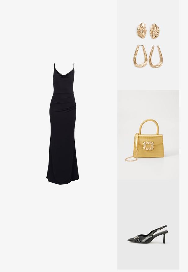 Vestido maxi preto, sem mangas, com decote drapeado, detalhes franzidos na cintura e um tecido liso e elástico para uma silhueta ajustada.; Sapato slingback preto em pele patentada com bico apontado, tiras no tornozelo apresentando fivelas e acessórios prateados, e um salto elegante.; Bolsa amarela em pele de crocodilo falsa, com um design estruturado, pega no topo, alça de corrente removível e decoração de cristal no fecho.; Brincos em tom de ouro com formas onduladas e texturizadas. Inclui studs escultóricos com presilha e um design de argola aberta com um acabamento martelado.