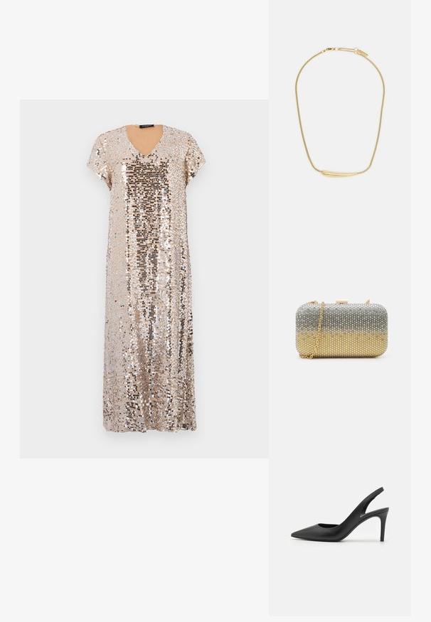 Auksinė siuvinėta suknelė V formos iškirpte ir trumpomis rankovėmis. Suknelė turi laisvą siluetą ir yra padengta blizgančiais siūlais įvairių dydžių.; Juodos odinės šlepetės su aukštu kulnu ir ilgu smailiu nosiu, turinčios išpjovą priekyje ir ploną stiletą.; Mascara Delninukė - gold-coloured/silver-coloured; Auksu padengta apyrankė su lygiu, įgaubtu centriniu akcentu. Pasižymi lankstoma grandinėle su vėžlio užsegimu ir papildomais reguliuojamais grandinėlių ryšiais.