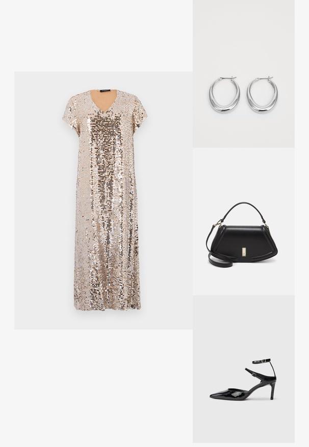 Glitrende kjole i gull med V-hals og korte ermer. Har en avslappet passform og glimrende paljetter i ulike størrelser over hele.; Sorte lakkede hæle med spids tå, justerbare ankelstropper og en slank hæl. Glat tekstur med en skinnende overflade.; Sort lærveske med en strukturert design, som har en avkortet form, topphåndtak og detaljer i gull. Justerbar skulderstropp inkludert.; Et par polerte sølv halvmåne hoop øredobber med hengselspenner på hvit bakgrunn.