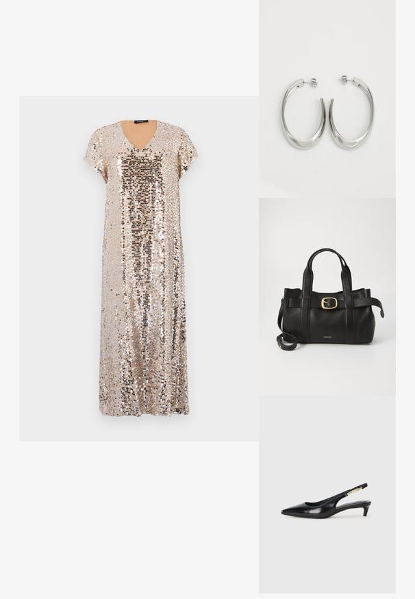 Zlaté flitrové šaty s V-výstrihom a krátkymi rukávmi. Obsahujú voľný strih a celoplošne lesklé flitre rôznych veľkostí.; Čierne kožené slingback opätky s špicatou špičkou, s úzkym opätkom a zlatým detailom na nastaviteľnom remienku. Hladká textúra.; Čierna kožená kabelka s štruktúrovaným dizajnom, dvojitými hornými uchopiteľmi, zlatým prackovým akcentom a embosovaným logom značky na prednej strane.; Strieborné kruhové náušnice s hladkým, zakriveným dizajnom. Majú lesklý kovový povrch a zapínanie na kolík. Žiadne viditeľné vzory ani akcenty.