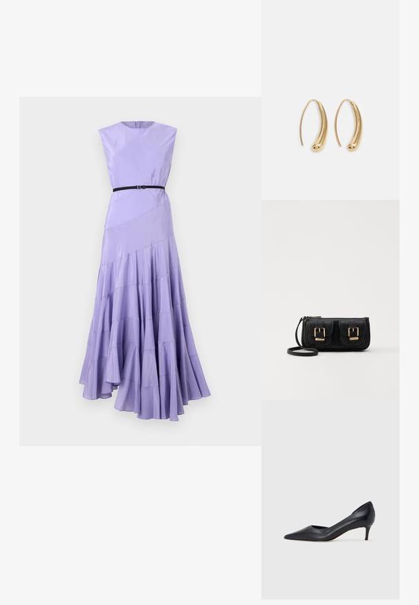 Levandulové maxi šaty s přiléhavým korzetem, krátkými rukávy a černým páskem. Volánkový design na spodním lemu dodává pohyb a texturu.; Černá kožená lodička s špičatou špičkou a nízkým podpatkem. Má hladkou texturu a jemný lesk. Přední část je otevřená pro zvýraznění detailu.; Černá kožená crossbody taška se dvěma předními kapsami, zlatými přezkami, zipovým uzávěrem a štíhlým popruhem. Texturovaný povrch a kompaktní obdélníkový tvar.; Náušnice ve tvaru kruhu z pozlaceného kovu s vroubkovaným, prodlouženým tvarem. Mají hladký, lesklý povrch a zaoblený konec pro zvýraznění detailu.