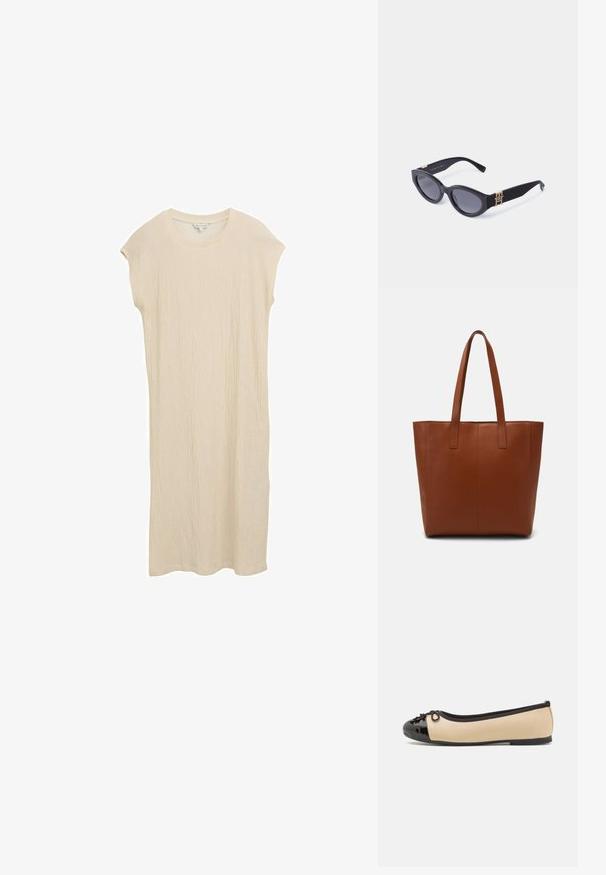 Rochie bej până la genunchi, realizată dintr-un material texturat. Are mâneci scurte și un decolteu rotund. Design simplu, fără modele sau accente vizibile.; Balerini din piele bej cu vârf din piele lacuită neagră. Au un mic detaliu sub formă de fundă în față. Talpă plată.; Ochelari de soare cat-eye negri, din plastic, cu lentile închise și accente aurii ale logo-ului pe brate. Suprafață netedă, design elegant.; Geantă tote din piele maro cu o textură netedă, detalii cu cusături verticale și două mânere plate. Design cu deschidere în partea de sus, interior spațios.