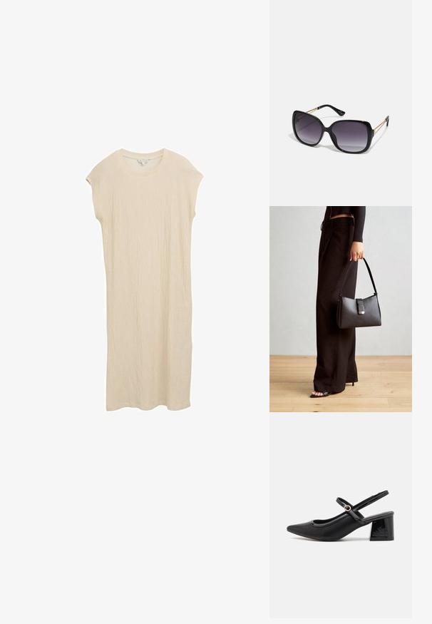 Béžové šaty po kolená vyrobené z textúrovanej tkaniny. Majú krátke rukávy a okrúhly výstrih. Jednoduchý dizajn bez viditeľných vzorov alebo akcentov.; Čierne lakované kožené lodičky so slingback dizajnom, špicatou špičkou, zaobleným výrezom a blokovým podpätkom. Obsahuje akcent zlatého tónu s prackou.; Čierne oversized slnečné okuliare s gradientovými sklíčkami, hrubými rámami a zlatým retiazkovým detailom na stranách.; Čierna kabelka so štruktúrovaným tvarom, hladkou textúrou a kovovou sponou. V kombinácii so širokými čiernymi nohavicami a sandálmi s otvorenou špičkou na drevenej podlahe.