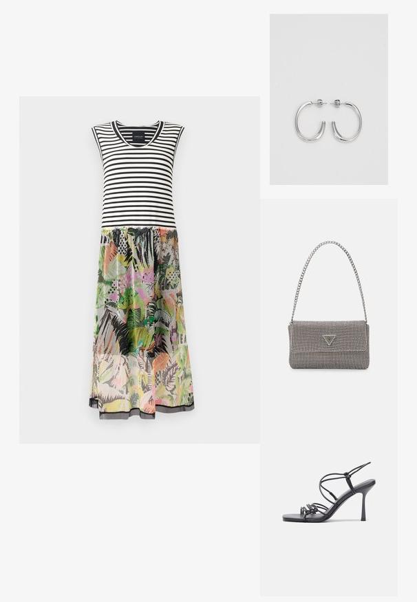 Sukienka bez rękawów w paski z czarno-białą górą oraz kolorową, wzorzystą spódnicą w kwiaty z zielonymi, różowymi i czarnymi akcentami.; Czarne sandały na wysokim obcasie mają cienkie paski z węzłowym wzorem, gładki, kwadratowy czubek i smukły obcas w stylu szpilki.; Jasnoszara metaliczna torebka na łańcuszku, ozdobiona małymi okrągłymi metalowymi ćwiekami oraz trójkątnym logo marki.; Srebrne kolczyki na biglu o gładkim, błyszczącym wykończeniu. O zaokrąglonym kształcie, lekkim designie, z zamknięciem na zatrzask.