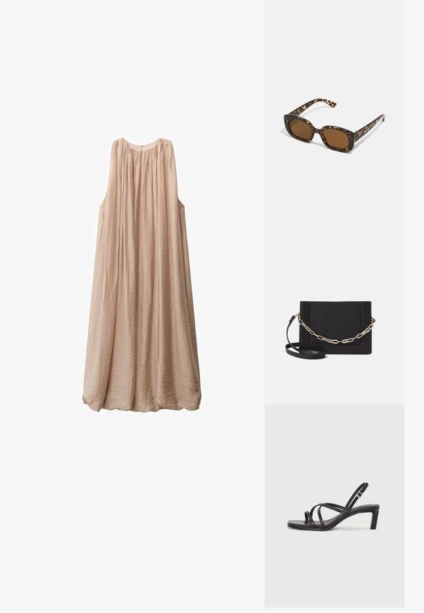 Light pink sleeveless dress made of crinkled fabric, with a loose fit, gathered neckline, and flowing silhouette extending to mid-calf.; Black strappy sandal with a square toe and a low block heel. Features multiple thin straps and an adjustable ankle strap. Made of smooth leather.; Tortoiseshell sunglasses with a rounded, chunky frame and brown lenses. Features subtle patterns and straight, tapered arms.; Black leather crossbody bag featuring a smooth texture, rectangular shape, and a metallic chain detail on the front. Adjustable strap included.