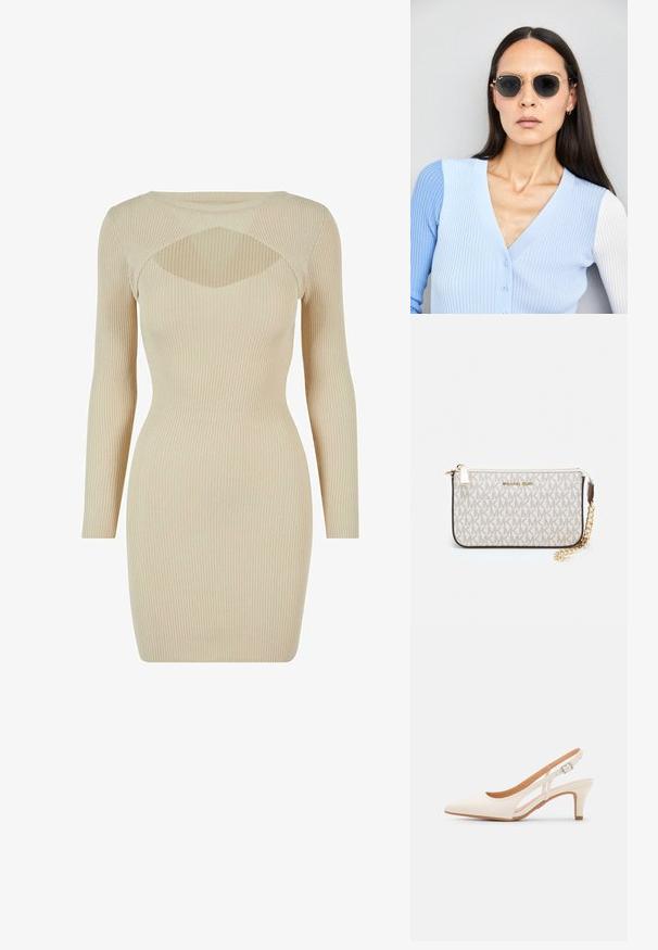 Abito lavorato a maglia di un beige chiaro con maniche lunghe, texture a coste e un design di taglio unico sotto il collo. Silhouette attillata.; Slingback bianco con punta affusolata, materiale superiore liscio, tacco basso a blocco e design con ritagli laterali, dotato di cinturino regolabile con fibbia.; Occhiali da sole rotondi con lenti scure e montatura dorata. Il modello indossa un cardigan leggero azzurro a costine con bottoni e maniche bianche a contrasto.; Wristlet Michael Kors in tela rivestita beige con motivo a logo MK ripetuto, hardware dorato e tracolla a catena staccabile.