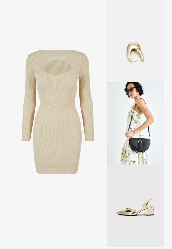 Kootud kleit heleses beezis, millel on pikad varrukad, ribateraskus ja ainulaadne lõikekujundus kaeluse all. Ümber kehakujuline siluett.; Kuldne, metallilised slingback-kudumid terava varba ja paksu kontsaga. Sile tekstuur, minimalistlik disain ja kitsas rihm.; Mustmust mustraha kõverate joontega, eemaldatava rihmaga ja kuldsete detailidega. Kotil on klapp, millel on pandladetail.; Kuldtooni metallist kõrvarõngas, millel on elegantne ja kaarjas disain. Omab silmapaistvat teravat kuju, poleeritud pinda ja hingesulgemist.