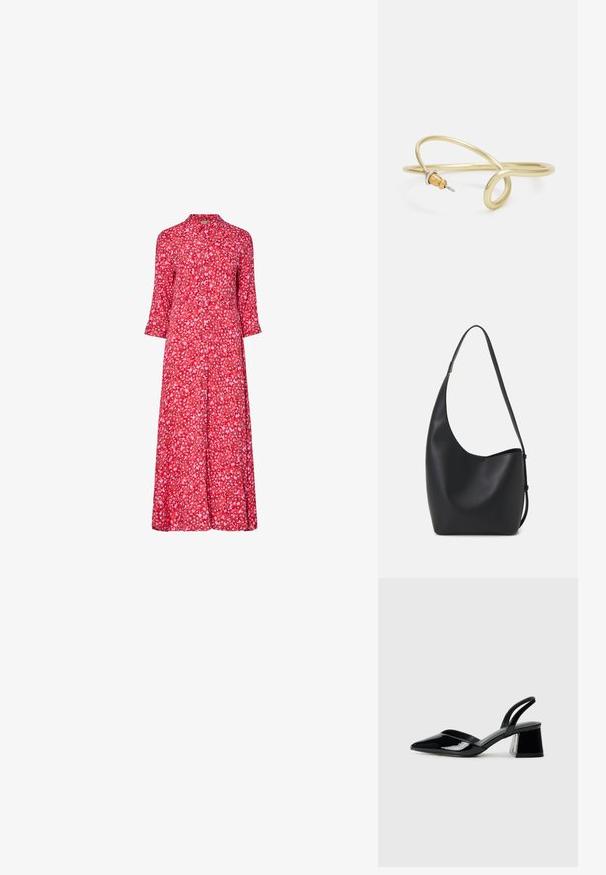 Rød blomstret midi-kjole med knappefront, trekvartlange ermer og avslappet passform. Har små, flerfoldige blomstermønstre.; Svarte patentlær slingback hæler med spiss tå og geometrisk blokk hæl. Har et stilrent, minimalistisk design og jevn tekstur.; Svart lær hobo-veske med glatt tekstur, buet form og enkelt justerbart stropp; har en bred åpning på toppen.; Gullfarget metallarmbånd med flytende, buet design. Har en liten, markant, sølvfarget aksent i den ene enden.